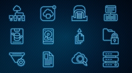 Set line Server, Data, Web Hosting, Folder and lock, Hangar with servers, Hard disk drive HDD, Computer network, export and Cloud technology data transfer icon. Vector