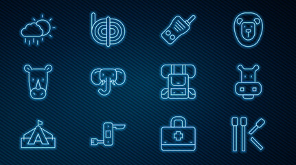Set line Matches, Hippo or Hippopotamus, Walkie talkie, Elephant, Rhinoceros, Cloud with rain, Hiking backpack and Climber rope icon. Vector
