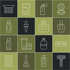 Set line Shaving razor, Acne, Perfume, Pipette, Spray can for hairspray, Makeup powder with mirror and icon. Vector