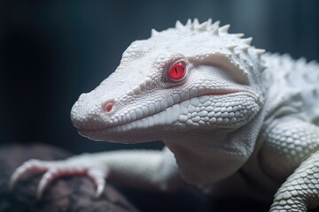 Portrait of albino alligator with red eyes and white skin on a dark background. Close up.