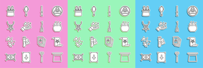 Set line Magic hat, Ancient magic book, Witch cauldron, wand, Sparkle stars with trick, Pentagram necklace, Magician rabbit ears and Witches broom icon. Vector