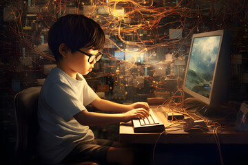 Little asian boy sits at a computer and works with a neural network. The concept of artificial intelligence and modern technologies.  - obrazy, fototapety, plakaty
