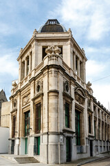 Naklejka premium Exterior of an ornate old corner building in the historic center of Ghent, Flanders, Belgium, Europe