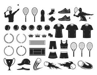 Set of vector tennis icons, tennis apparel and equipment illustration