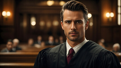 A remarkably handsome man exuding confidence and grace in a courtroom, with a blurred background featuring the dignified presence of a judge and the pursuit of justice