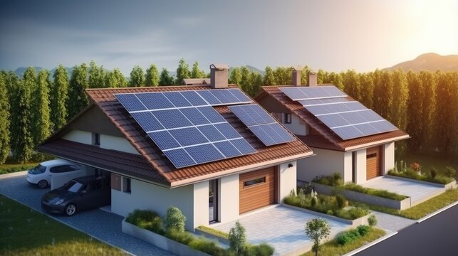 A row of houses with solar panels on the roof. Clean energy
