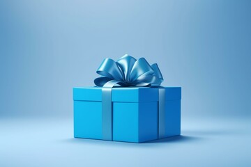 Blue present box with levitating cover and decorative bow on plain background. Generative AI