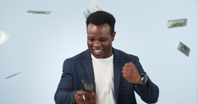 Excited, win and black man for the lottery on a phone for communication and trading success. Happy, internet and African person cheering to celebrate a jackpot or achievement on a studio background