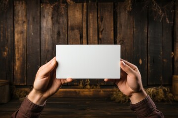 Female hands holding blank business card on wooden background, top view. Mockup for design