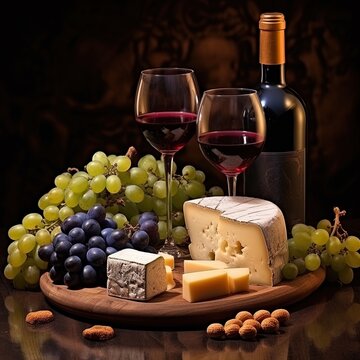 Elegant image of wine, cheese, fruit and nuts. Great for stories on wine, luxury, indulgence, gastronomy, travel, food blogs, country living and more. 