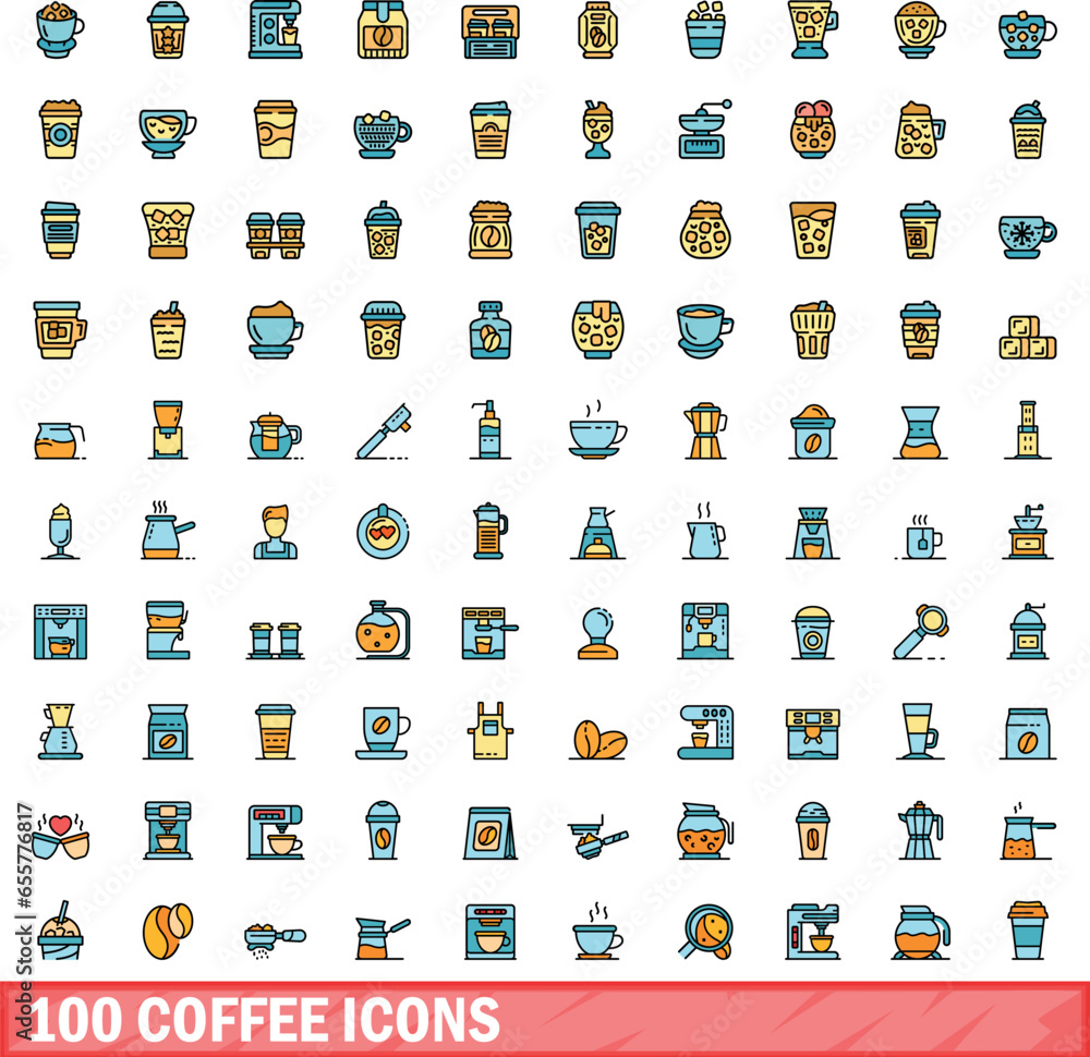 Wall mural 100 coffee icons set. Color line set of coffee vector icons thin line color flat on white - Wall murals