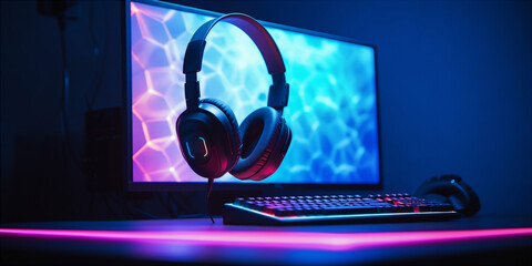 gaming headphones on the background of a computer mechanical keyboard monitor - obrazy, fototapety, plakaty