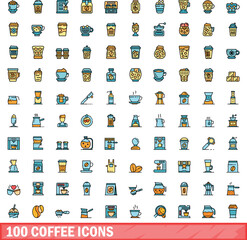 100 coffee icons set. Color line set of coffee vector icons thin line color flat on white