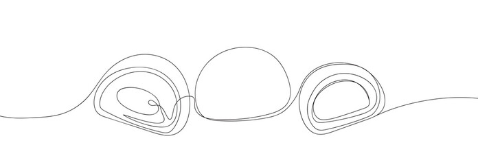 Mochi outline banner. Traditional Japanese Mochi dessert. Rice fruit dessert. Asian sweet food. Hand drawn mochi in silhouette isolated on white.