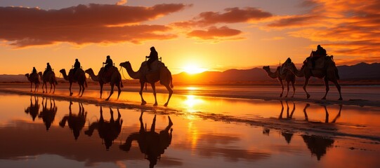 Camel caravan on the salt lake at sunset