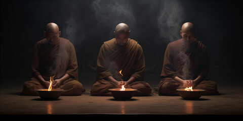 In a quiet temple Budda three buddhist monks incens - obrazy, fototapety, plakaty