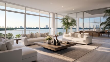 April 2020 in South Florida a Large Open Living Space with Sweeping Views of the City and Water White Airy and Minimalist with Floor to Ceiling Glass Windows - obrazy, fototapety, plakaty