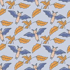 Bats and foliage autumn seamless pattern. Halloween background. Cute print for textile, paper, packaging and design for the Halloween holiday, vector illustration