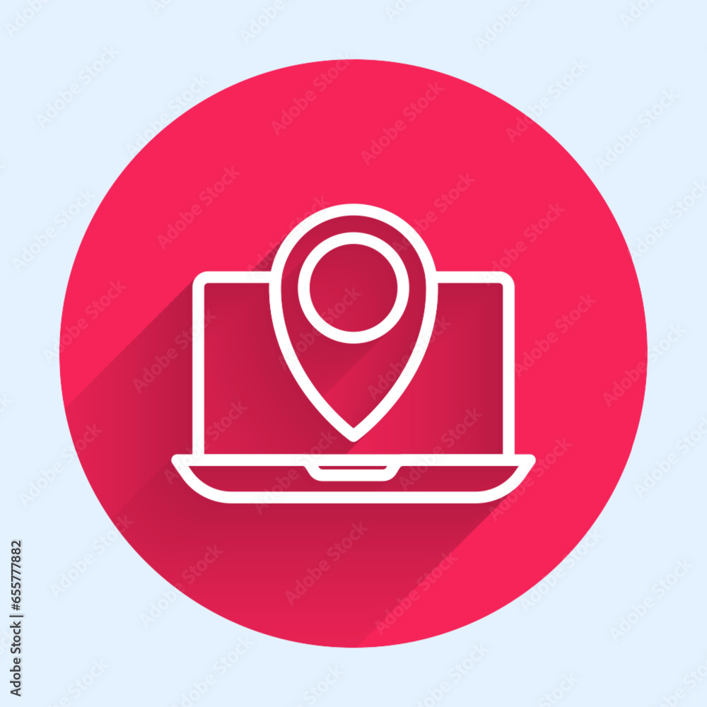 Poster white line laptop with location marker icon isolated with long shadow. red circle button. vector