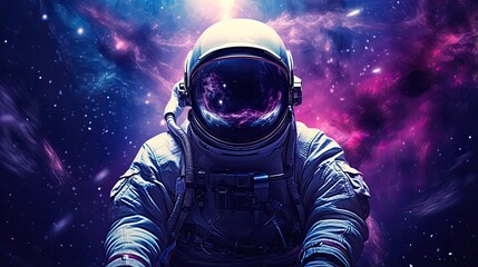 Astronaut in Space with Stars a Galaxy a Purple and Blue Nebula and Galaxies Reflected in His Helmet
