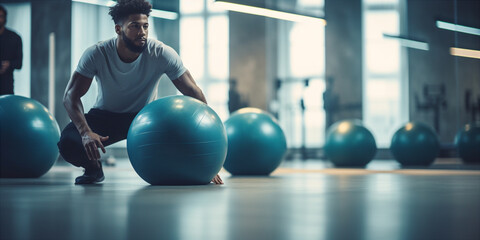 exercise with a fitness ball in the gym - obrazy, fototapety, plakaty