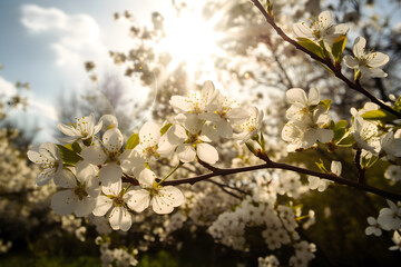 Beautiful blooming white flowers against the blue sky with sun rays. Nature background, for banner background.
