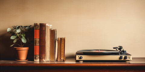 record player on a shelf flanked by old records