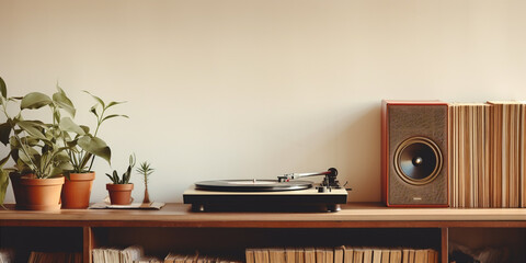 record player on a shelf flanked by old records - obrazy, fototapety, plakaty