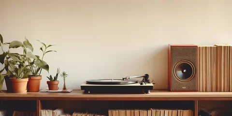 Fotobehang record player on a shelf flanked by old records © xartproduction