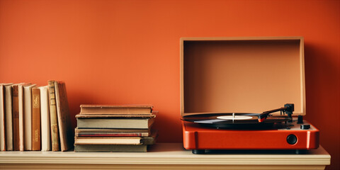 record player on a shelf flanked by old records