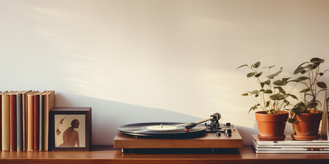 record player on a shelf flanked by old records - Powered by Adobe
