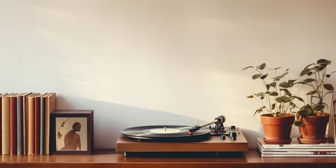 Foto op Plexiglas record player on a shelf flanked by old records © xartproduction