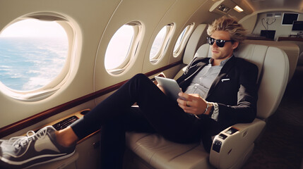 successful handsome man blogger, billionaire or rich businessman flying private jet and working on plane with laptop - obrazy, fototapety, plakaty