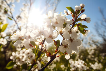 Beautiful blooming white flowers against the blue sky with sun rays. Nature background, for banner background.
