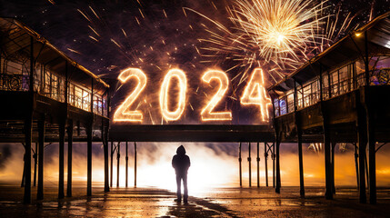 2024 new year eve fireworks celebration bay neon lights - obrazy, fototapety, plakaty