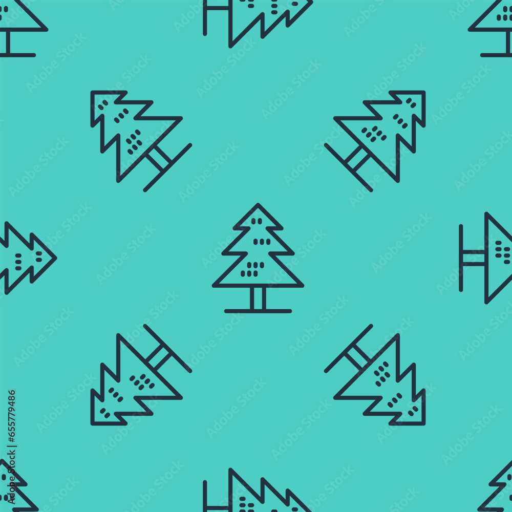 Poster black line tree icon isolated seamless pattern on green background. forest symbol. vector