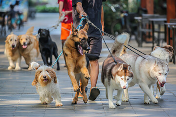 Dog walker walking dogs in dog park