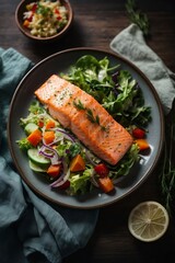 A delicious plate of salmon and a fresh salad on a beautifully set table