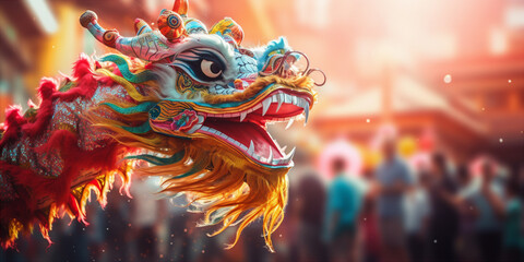 dragon dance a traditional Chinese New Year - obrazy, fototapety, plakaty