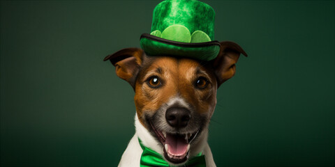 dog wearing a green hat