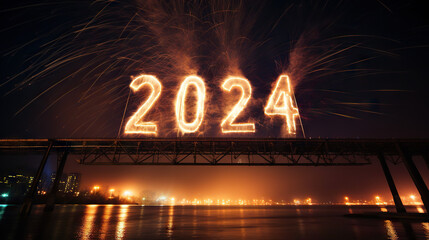 2024 new year eve fireworks celebration bay neon lights