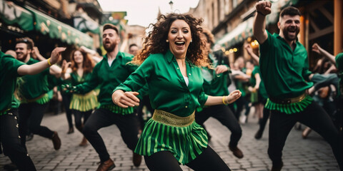 group of young people perform St. Patrick day - obrazy, fototapety, plakaty