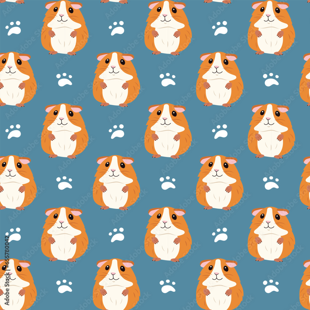 Wall mural seamless pattern of little red guinea pigs and paw prints on a blue background, background for food,