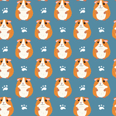 Seamless pattern of little red guinea pigs and paw prints on a blue background, background for food, pet stores and fabrics