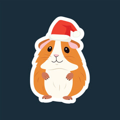 Sticker Little red guinea pig in a Santa Claus hat sits on a blue background