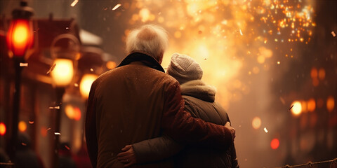 old man and old woman hugging to celebrate Chinese New Year