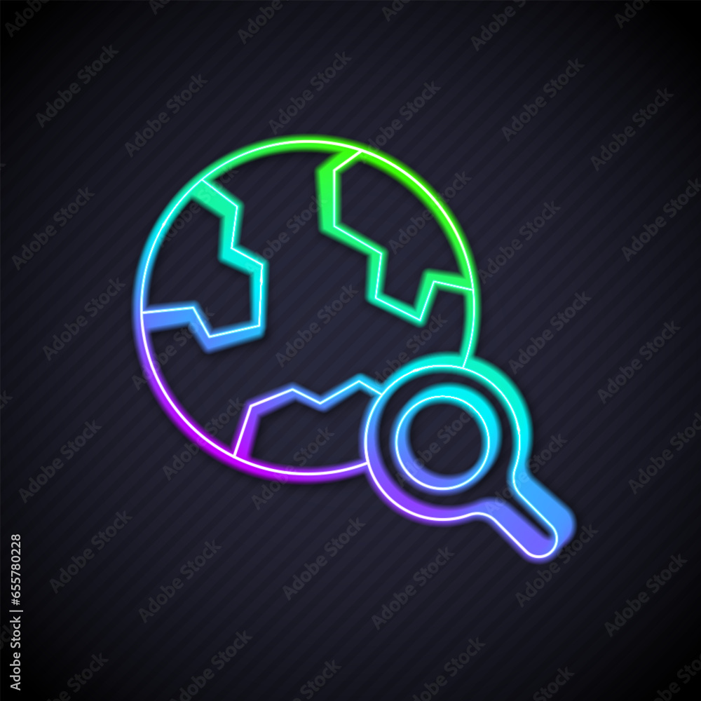 Poster glowing neon line magnifying glass with globe icon isolated on black background. analyzing the world