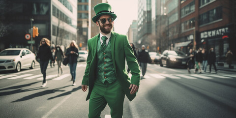man in a green suit and hat on the street - obrazy, fototapety, plakaty