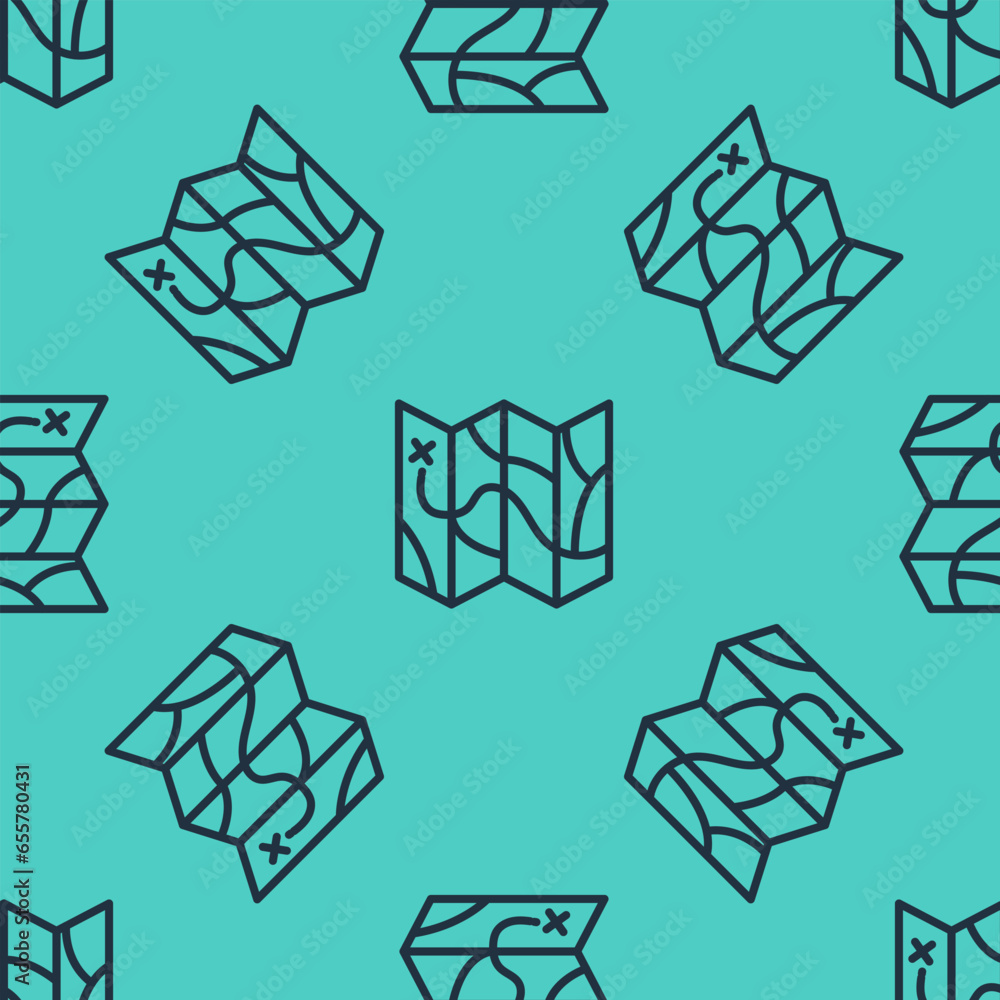 Poster black line folded map icon isolated seamless pattern on green background. vector
