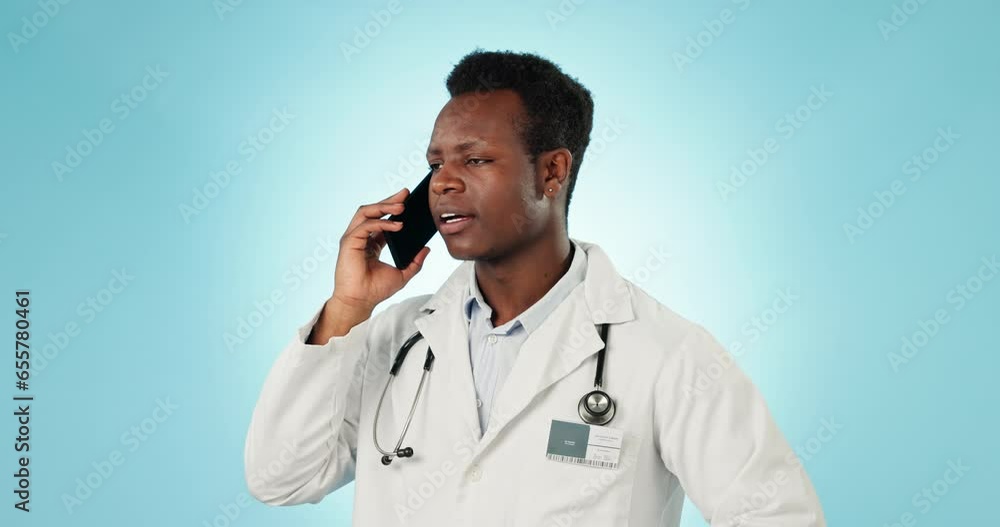 Poster Doctor, man and talking with phone in studio for consulting, telehealth contact and communication on blue background. African medical surgeon on mobile for consultation, connect and healthcare advice